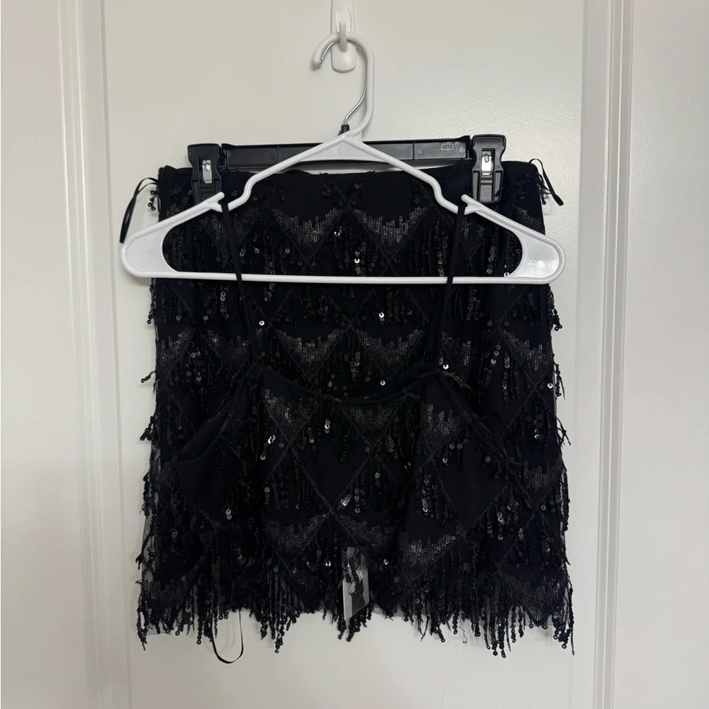 Black Sequin Fringe Top & Skirt Set - Picture 1 of 5